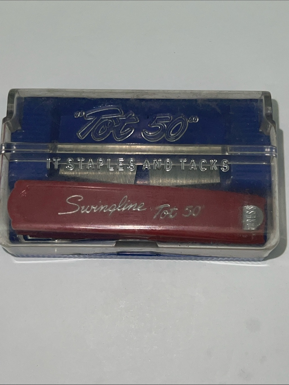 Vintage Swingline Tot 50 Mini Stapler w/ Original Case Red Retro Mid Century